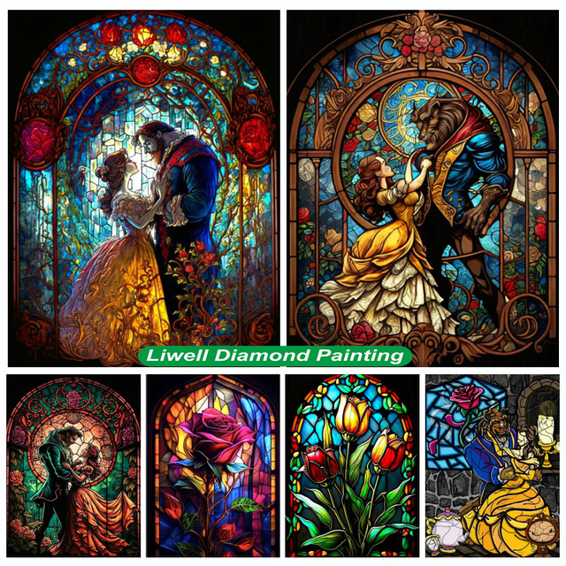 Disney Beauty And The Beast Stained Glass Diamond Painting Art Belle Rose  Flower Crystal Full Drills Cross Stitch Home Decor - AliExpress